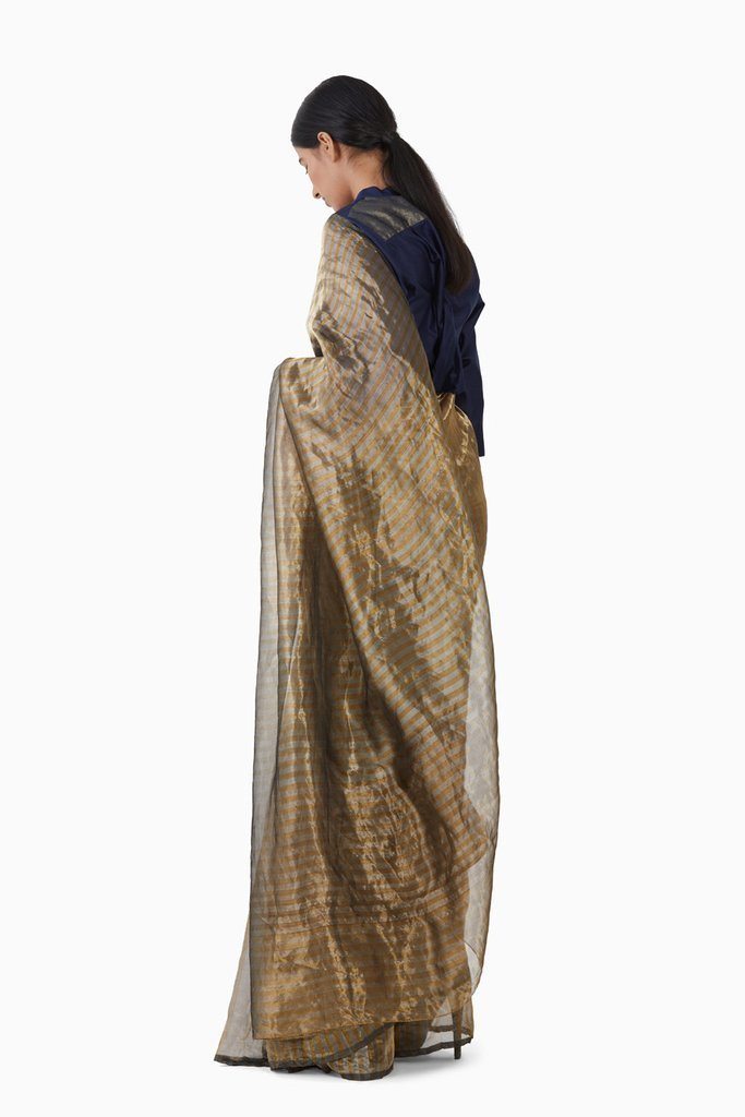 Handwoven Silver Gold Striped Saree by Akaaro for women Worldwide