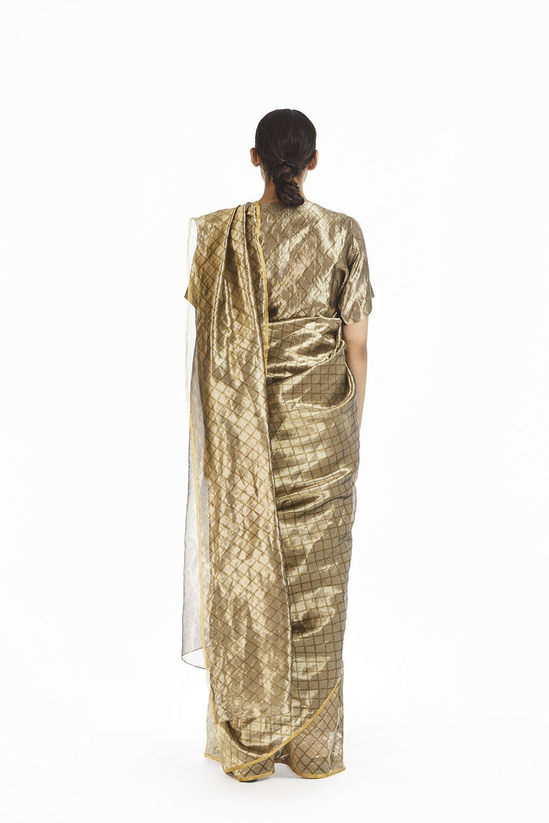 Handwoven Silver On Gold Longline Saree by Akaaro for women Worldwide