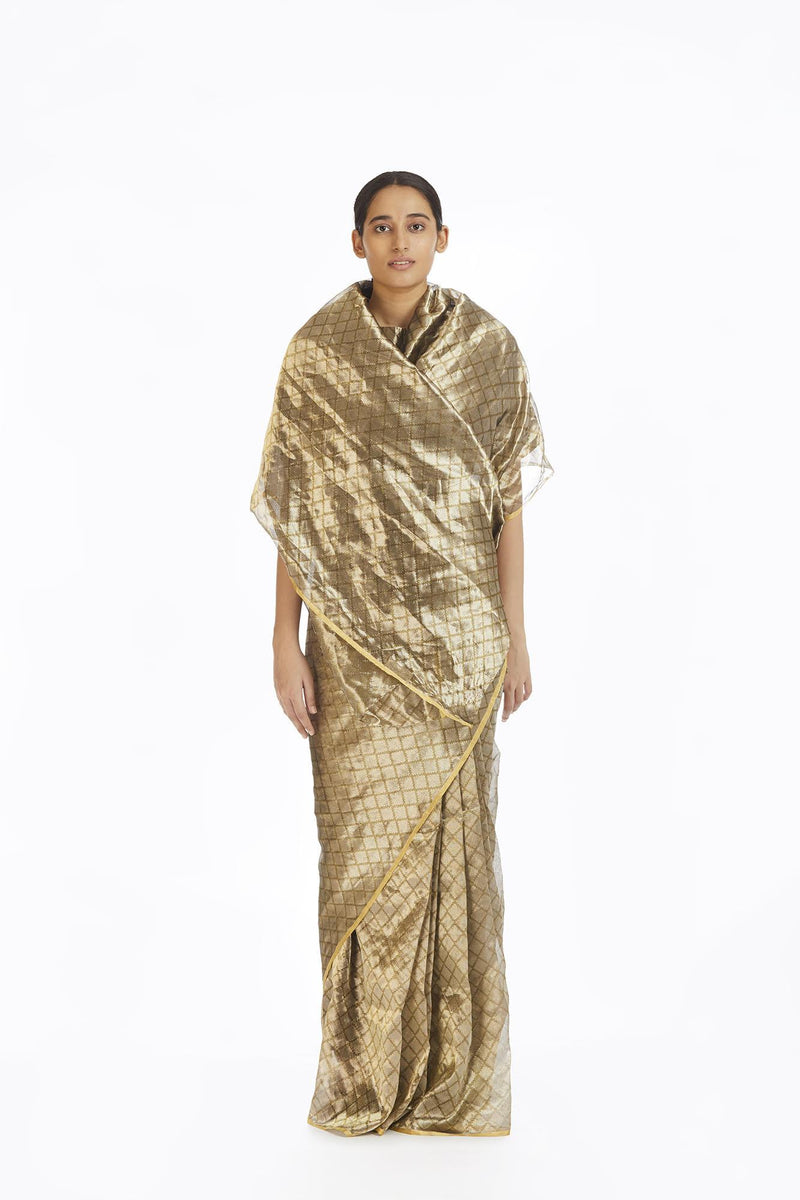 Handwoven Silver On Gold Longline Saree by Akaaro for women Worldwide