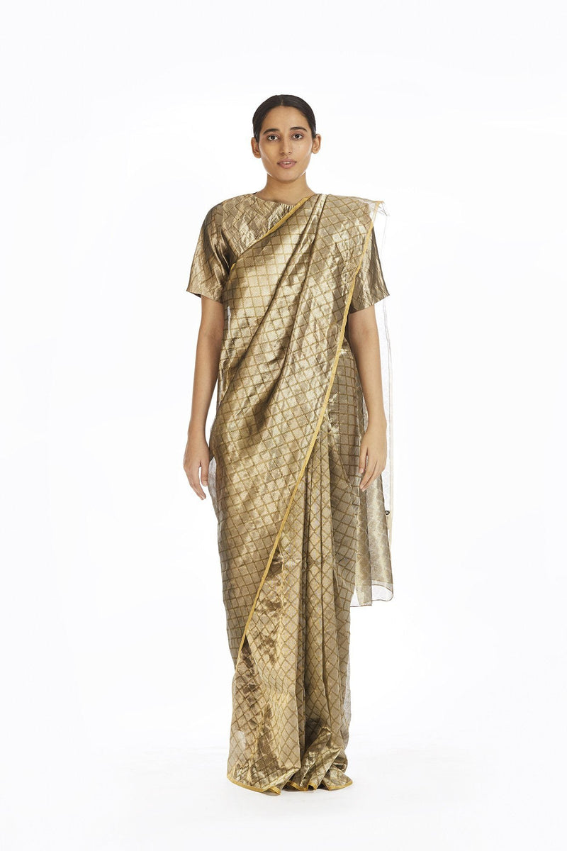 Handwoven Silver On Gold Longline Saree by Akaaro for women Worldwide