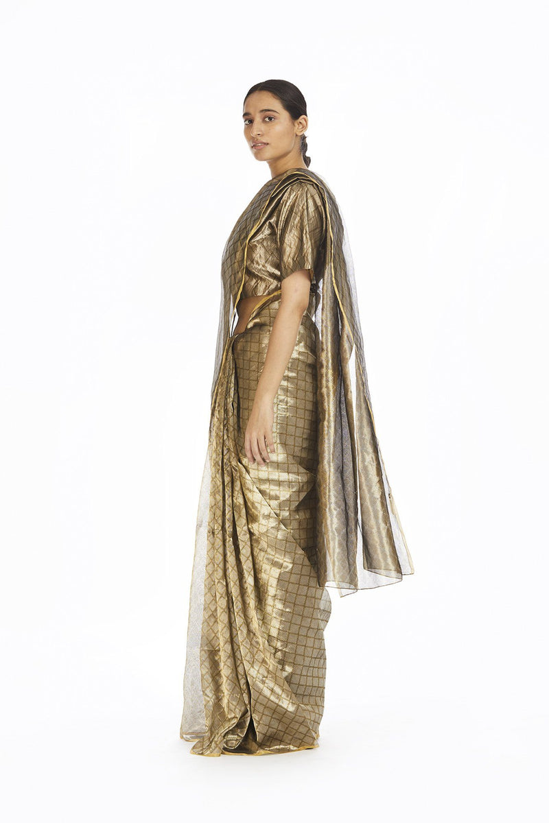 Handwoven Silver On Gold Longline Saree by Akaaro for women Worldwide