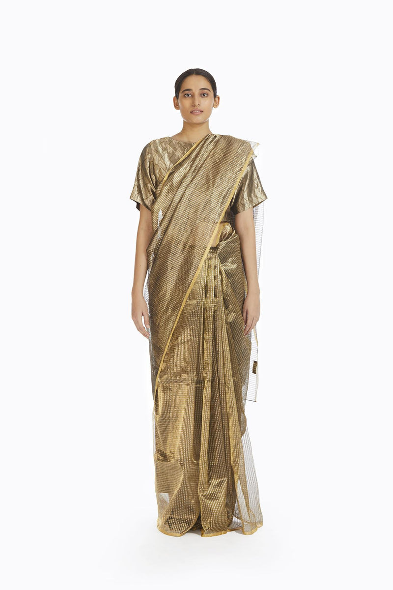 Handwoven Silver On Gold Textured Metallic Saree by Akaaro for women Worldwide