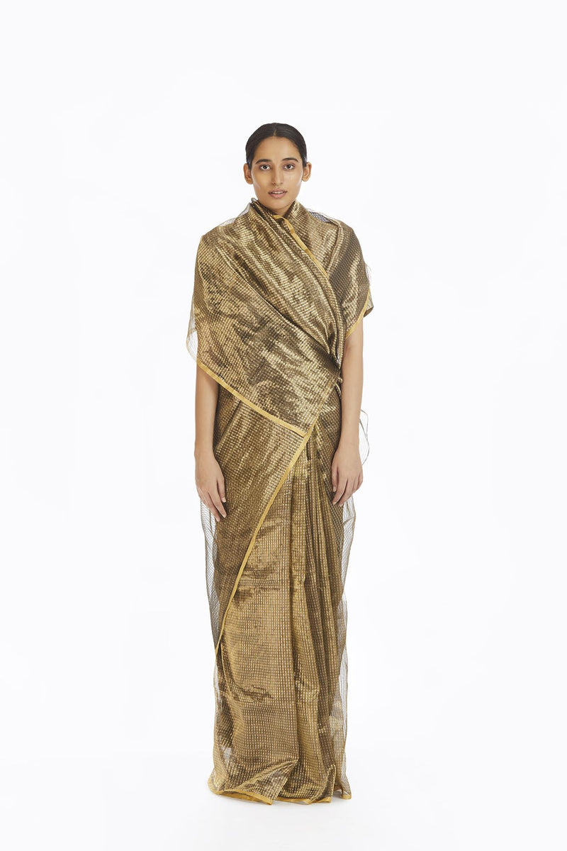 Handwoven Silver On Gold Textured Metallic Saree by Akaaro for women Worldwide