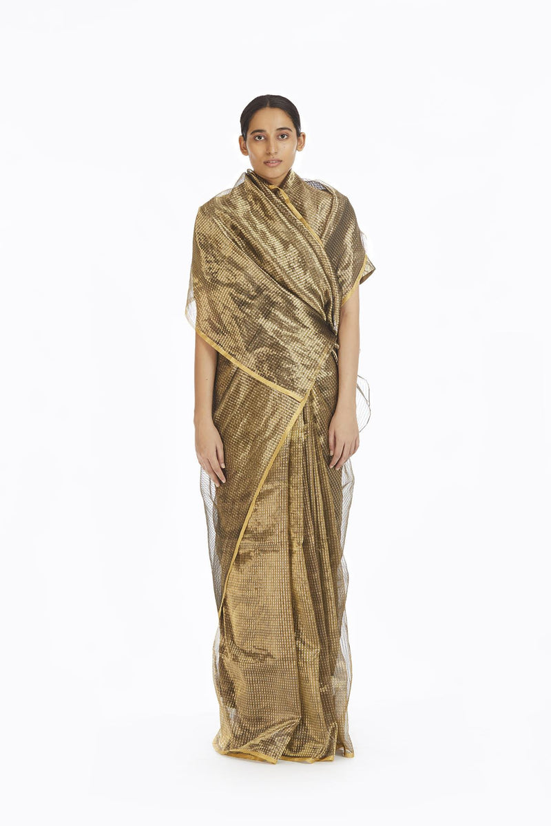 Handwoven Silver On Gold Textured Metallic Saree by Akaaro for women Worldwide