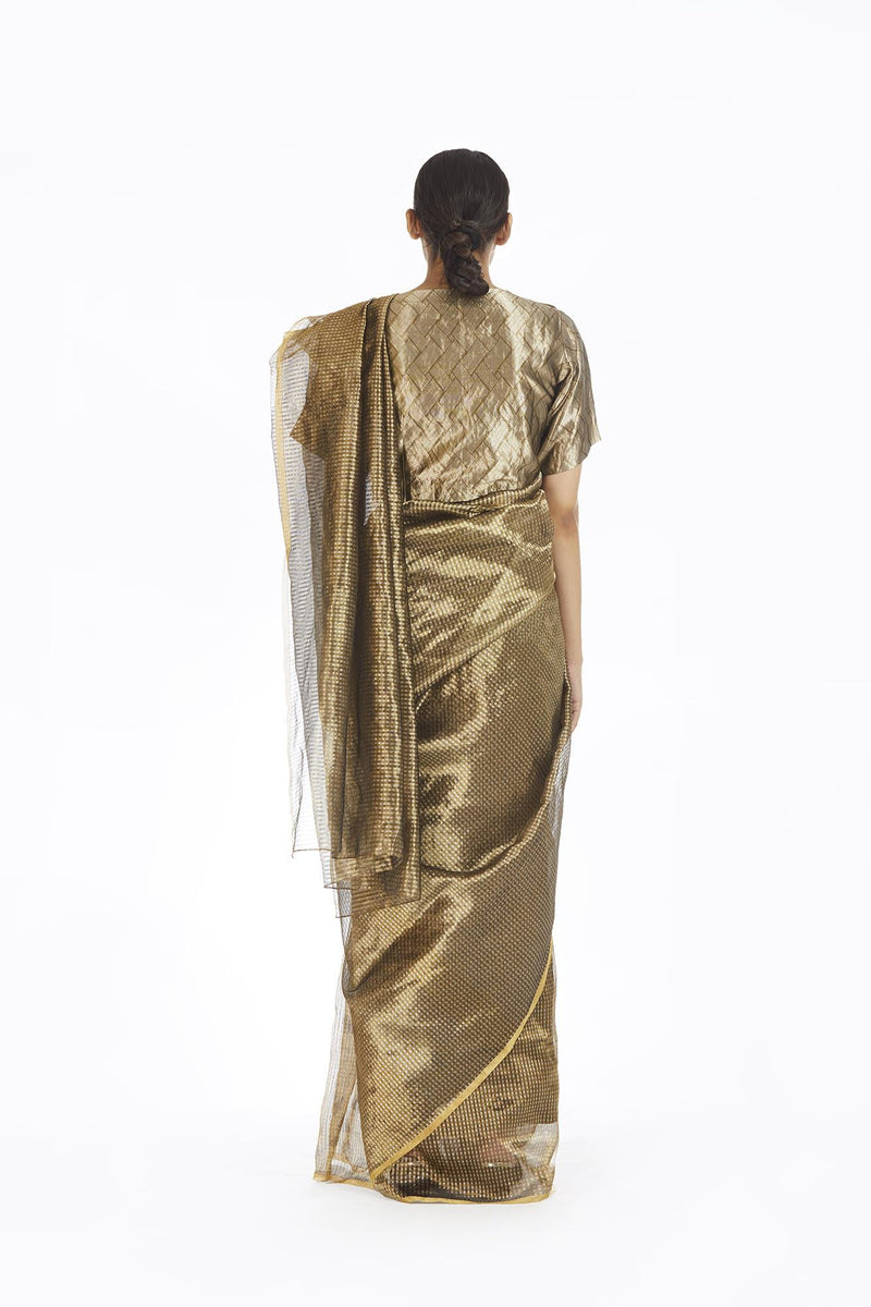 Handwoven Silver On Gold Textured Metallic Saree by Akaaro for women Worldwide