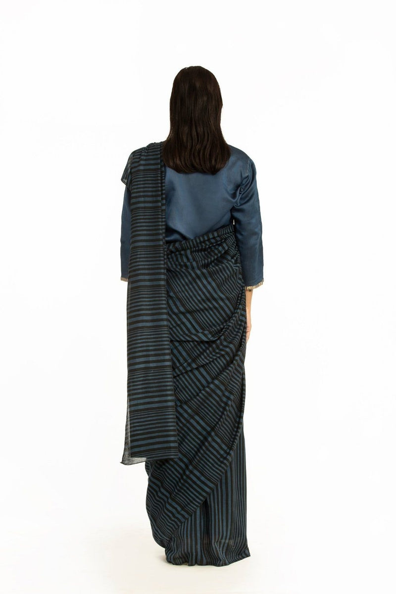 Handwoven Striped Blue Black Cotton Saree by Akaaro for women Worldwide