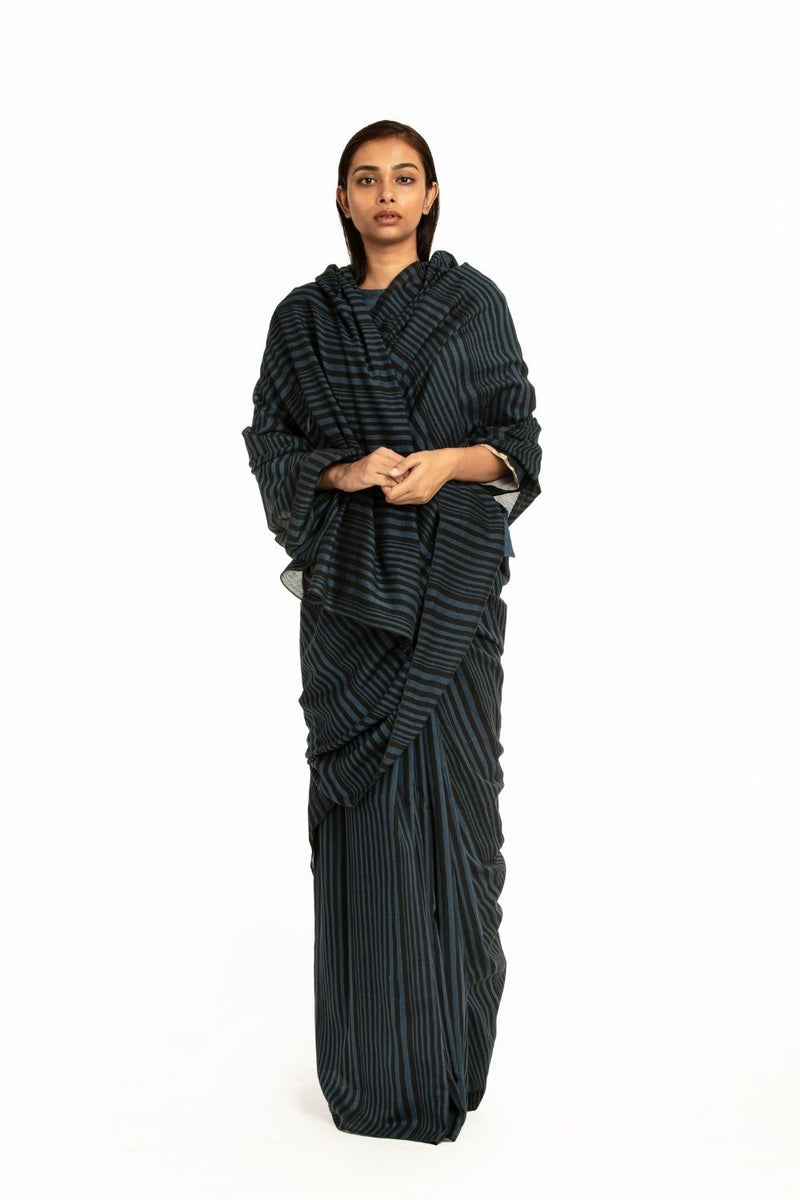 Handwoven Striped Blue Black Cotton Saree by Akaaro for women Worldwide