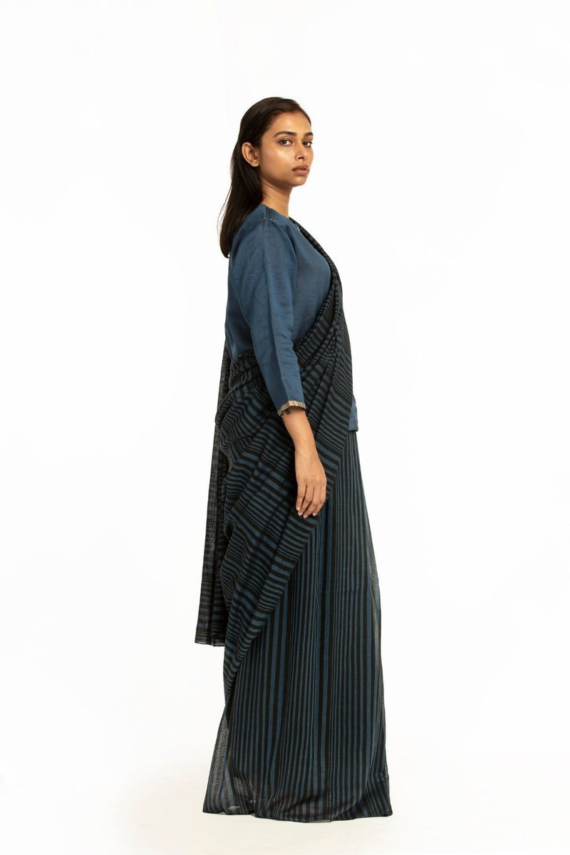 Handwoven Striped Blue Black Cotton Saree by Akaaro for women Worldwide