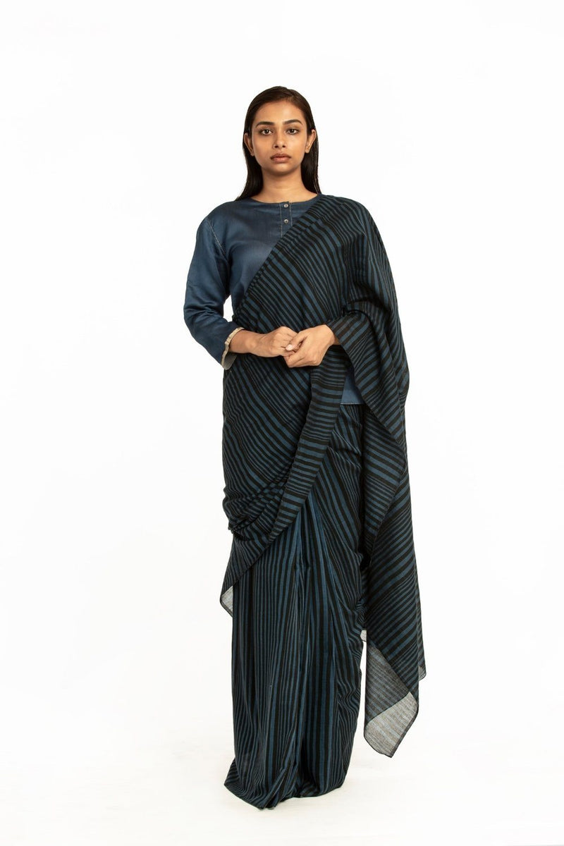 Handwoven Striped Blue Black Cotton Saree by Akaaro for women Worldwide