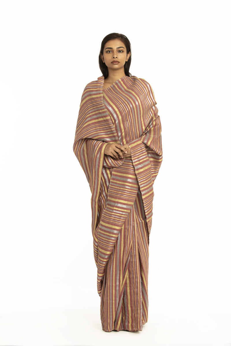 Handwoven Striped Linen Zari Cotton Silk Dustyred Saree by Akaaro for women Worldwide