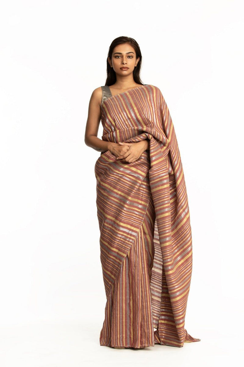 Handwoven Striped Linen Zari Cotton Silk Dustyred Saree by Akaaro for women Worldwide