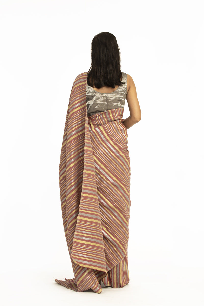 Handwoven Striped Linen Zari Cotton Silk Dustyred Saree by Akaaro for women Worldwide