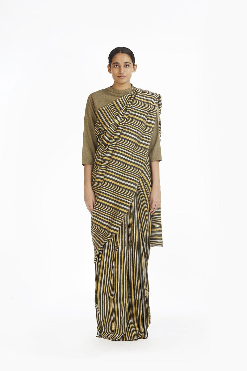 Handwoven Striped Linen Zari Cotton Silk Saree by Akaaro for women Worldwide