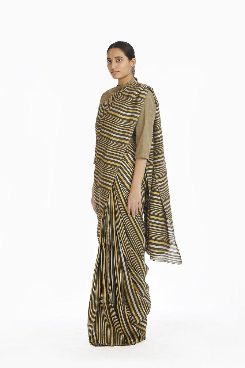 Handwoven Striped Linen Zari Cotton Silk Saree by Akaaro for women Worldwide
