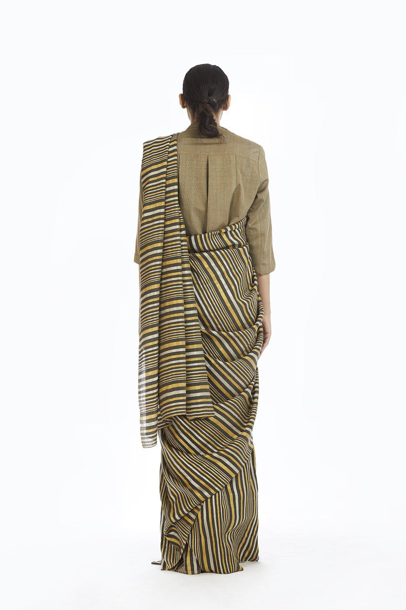 Handwoven Striped Linen Zari Cotton Silk Saree by Akaaro for women Worldwide