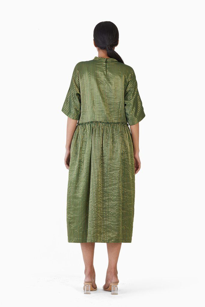 Handwoven Striped Metallic Gathered Dress by Akaaro for women Worldwide