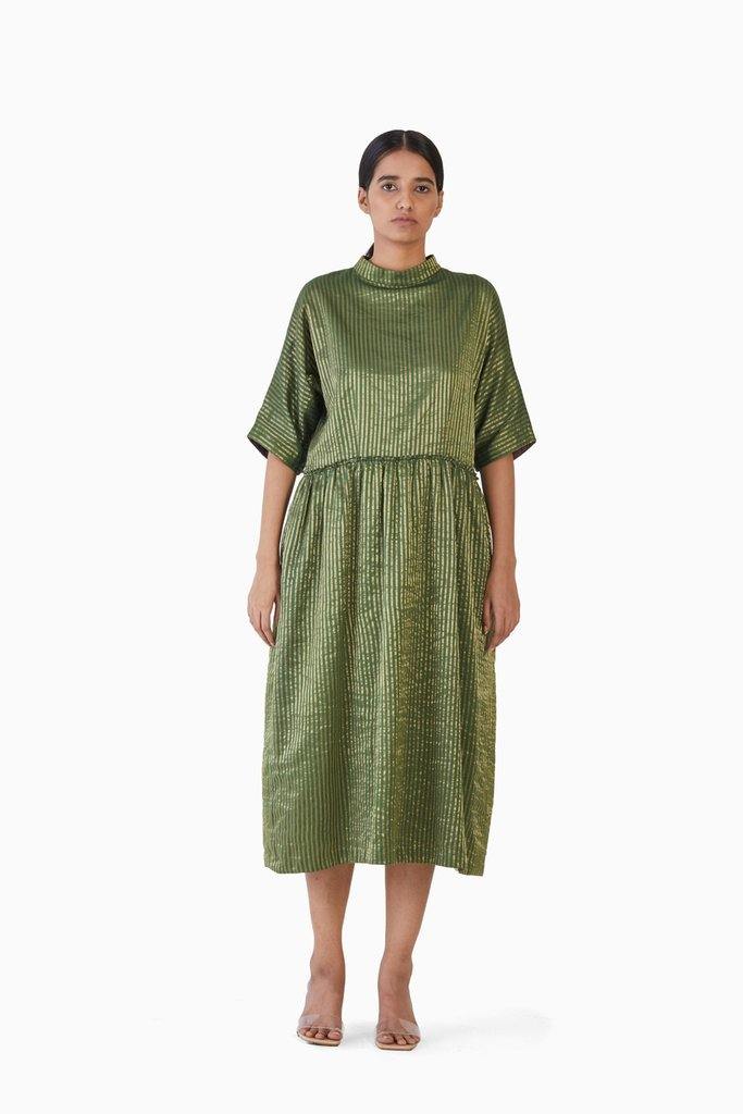 Handwoven Striped Metallic Gathered Dress by Akaaro for women Worldwide