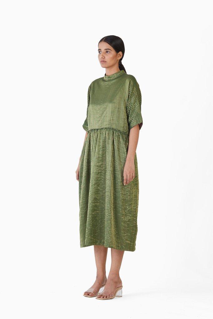 Handwoven Striped Metallic Gathered Dress by Akaaro for women Worldwide