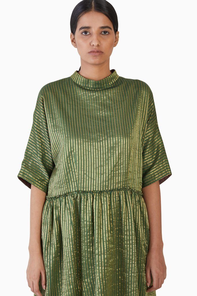 Handwoven Striped Metallic Gathered Dress by Akaaro for women Worldwide