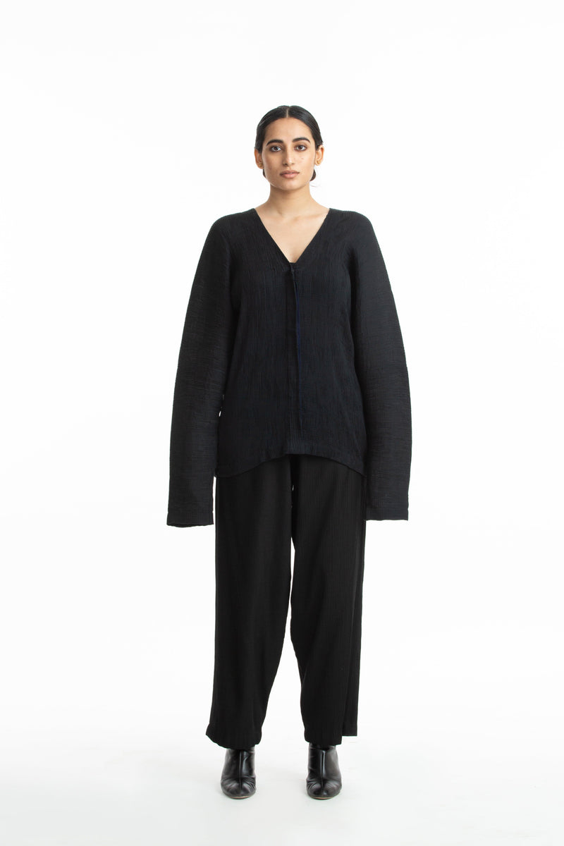 Handwoven V Neck Black Kinji Top by Akaaro in black color for women Worldwide