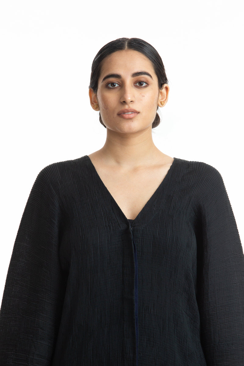 Handwoven V Neck Black Kinji Top by Akaaro in black color for women Worldwide