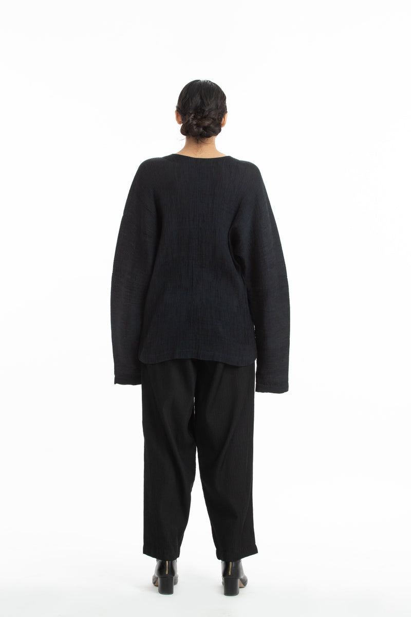 Handwoven V Neck Black Kinji Top by Akaaro in black color for women Worldwide