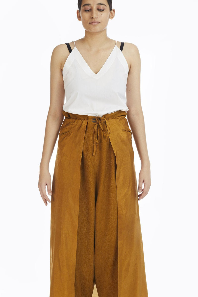 Handwoven Yellow Crinkle Wrap Around Trousers by Akaaro for women Worldwide