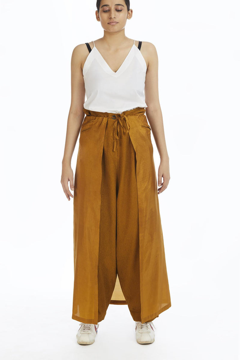 Handwoven Yellow Crinkle Wrap Around Trousers by Akaaro for women Worldwide