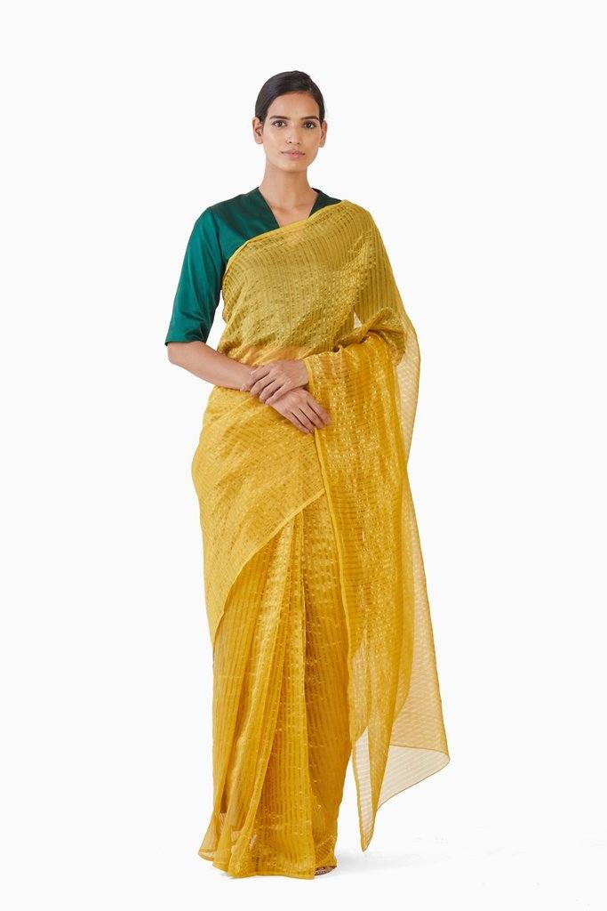 Handwoven Yellow Gold Striped Silk Zari Saree by Akaaro for women Worldwide