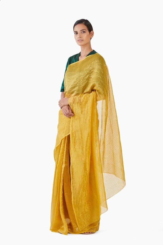 Handwoven Yellow Gold Striped Silk Zari Saree by Akaaro for women Worldwide