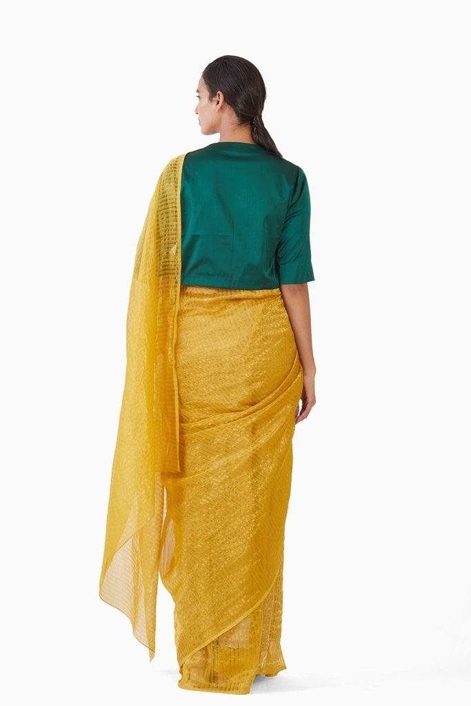 Handwoven Yellow Gold Striped Silk Zari Saree by Akaaro for women Worldwide