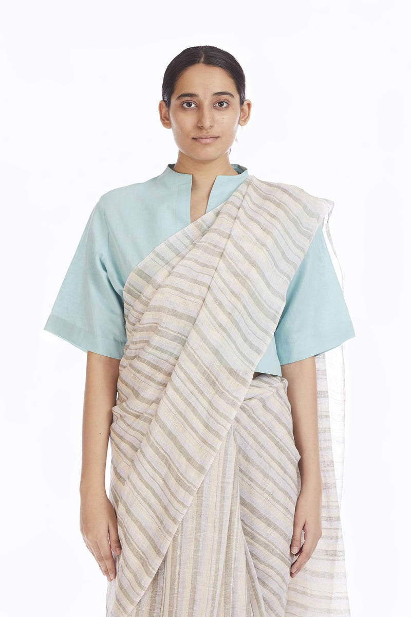 Handwoven Yellow Green Blue Striped Saree by Akaaro for women Worldwide