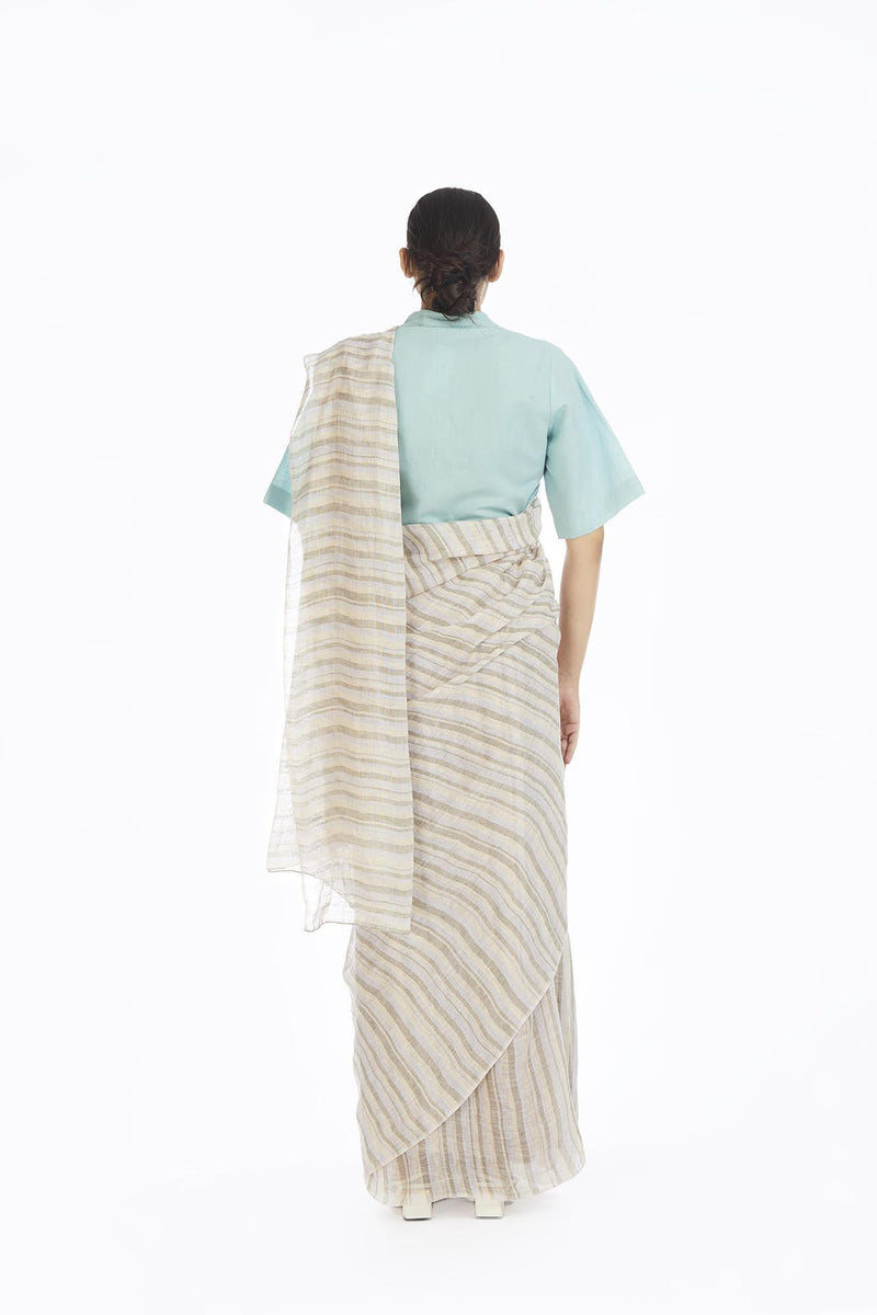 Handwoven Yellow Green Blue Striped Saree by Akaaro for women Worldwide