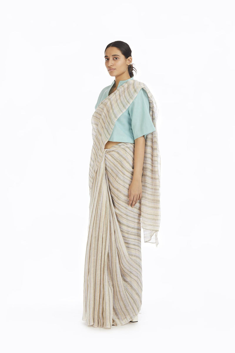 Handwoven Yellow Green Blue Striped Saree by Akaaro for women Worldwide