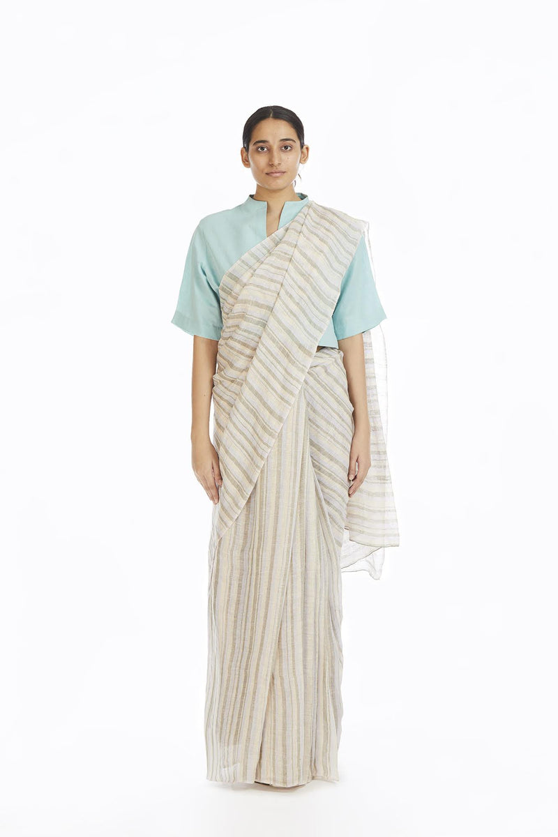 Handwoven Yellow Green Blue Striped Saree by Akaaro for women Worldwide