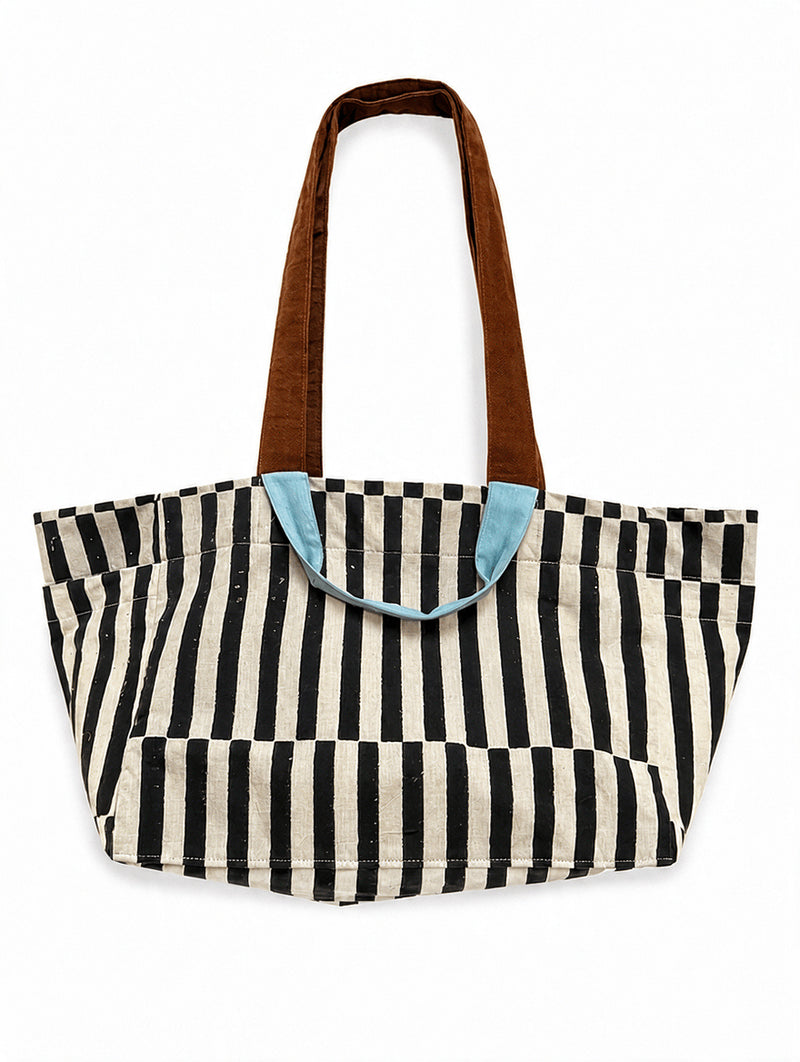 The Boat Bag-Monochrome Stripe hand block printed cotton bag by World of Crow in black,white for women Worldwide