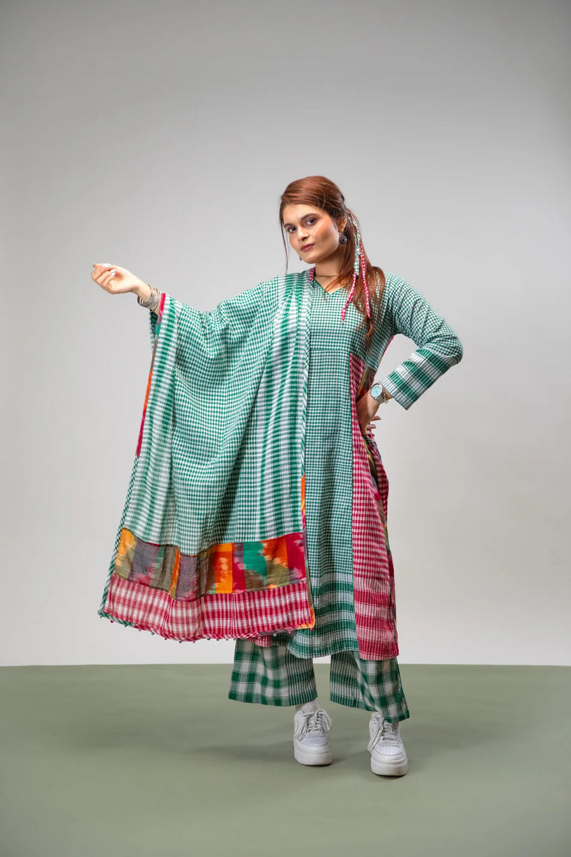 Aura Dress + Palazzo + Dupatta Set gamcha co-ord set by 145 East in green for women Worldwide