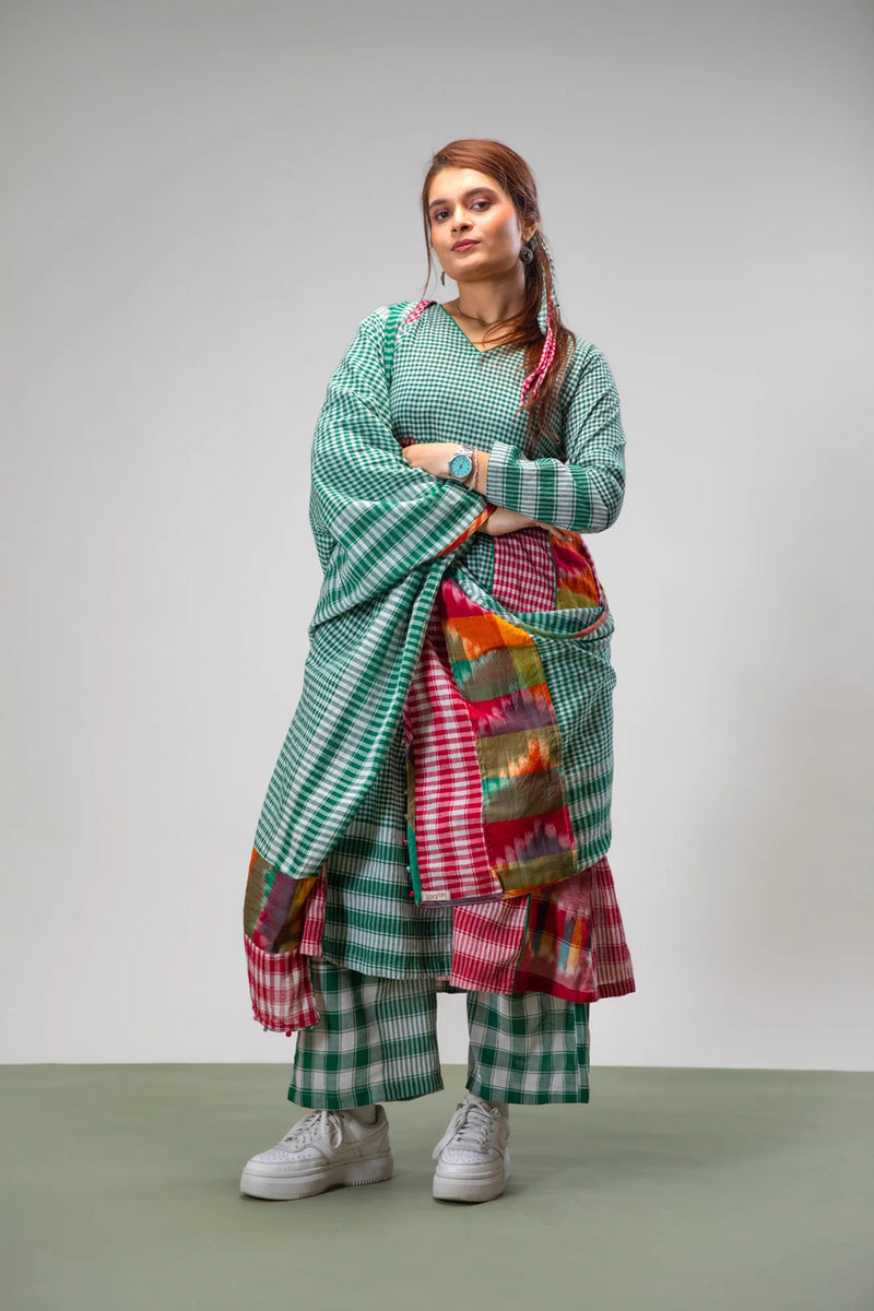 Aura Dress + Palazzo + Dupatta Set gamcha co-ord set by 145 East in green for women Worldwide