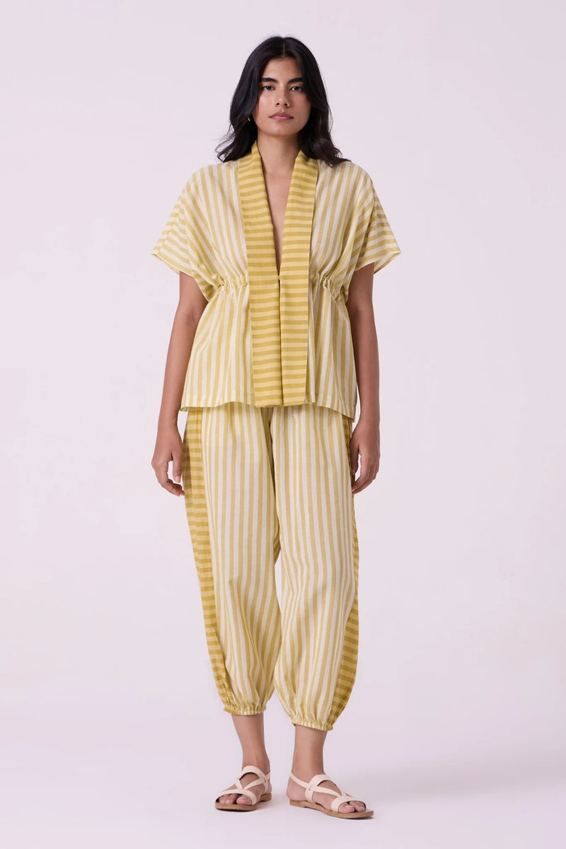 Sajith Yellow Striped Handwoven Tie Top handwoven cotton top/shirt by The Summer House in yellow for women Worldwide