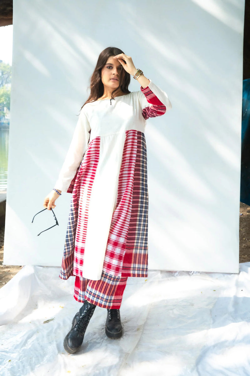 Side Panelled Dress + Palazzo Set (2 Piece Set) cotton,gamcha kurta/kurta set by 145 East in red, white for women Worldwide