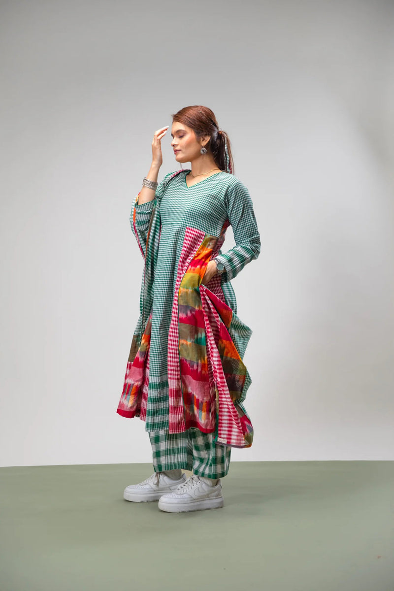 Aura Dress + Palazzo + Dupatta Set gamcha co-ord set by 145 East in green for women Worldwide