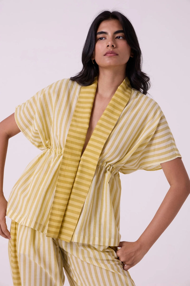 Sajith Yellow Striped Handwoven Tie Top handwoven cotton top/shirt by The Summer House in yellow for women Worldwide