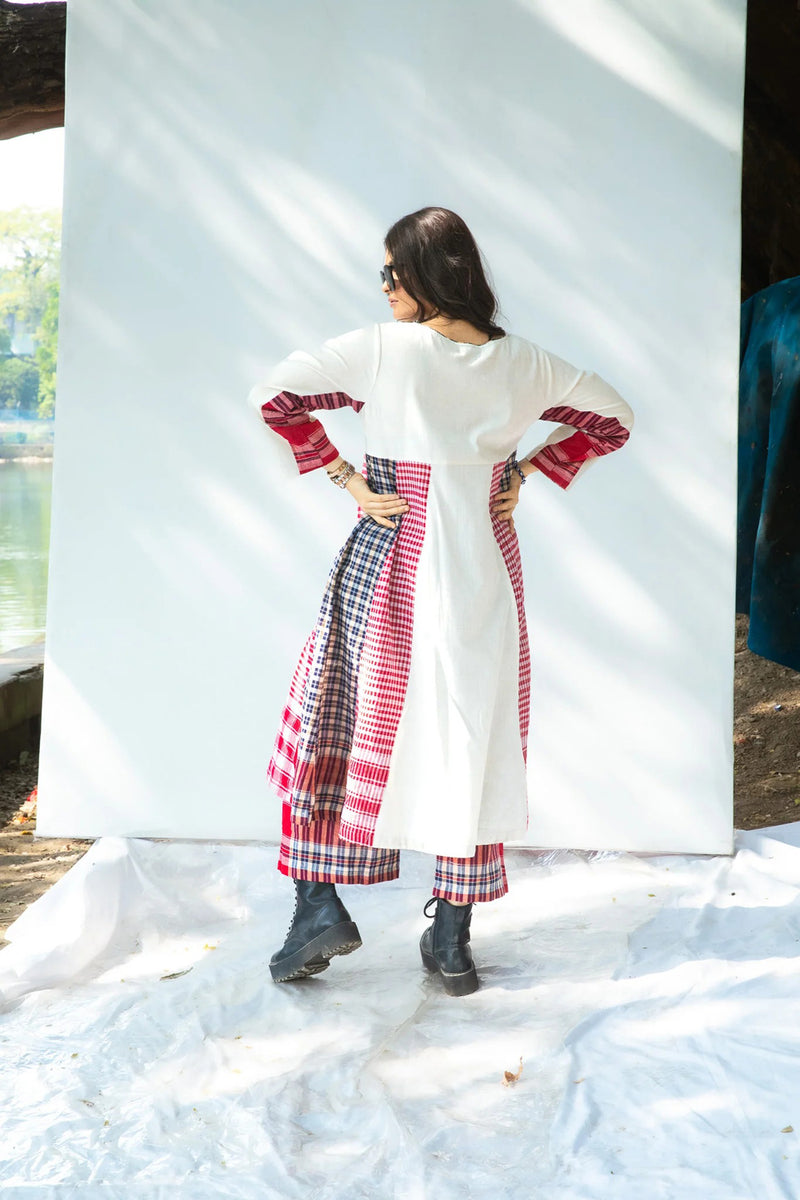 Side Panelled Dress + Palazzo Set (2 Piece Set) cotton,gamcha kurta/kurta set by 145 East in red, white for women Worldwide