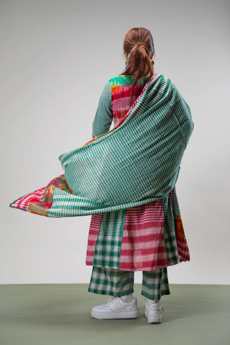Aura Dress + Palazzo + Dupatta Set gamcha co-ord set by 145 East in green for women Worldwide