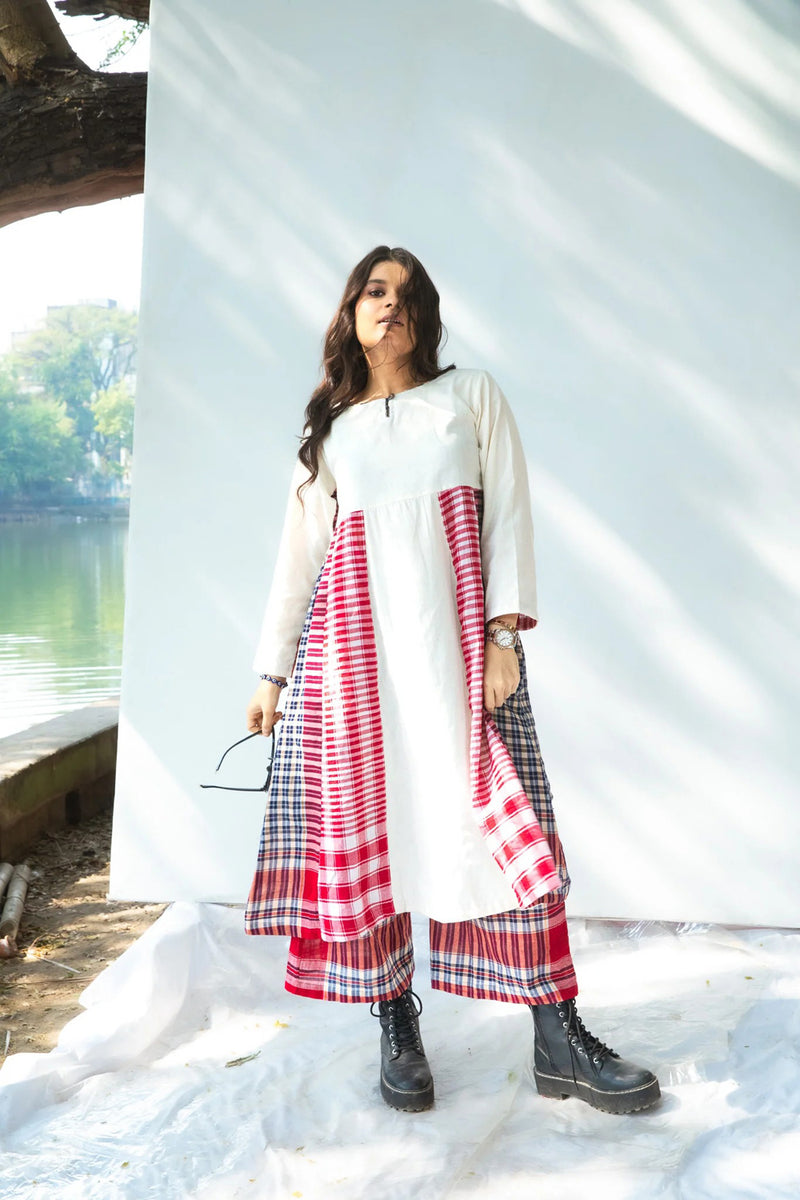 Side Panelled Dress + Palazzo Set (2 Piece Set) cotton,gamcha kurta/kurta set by 145 East in red, white for women Worldwide