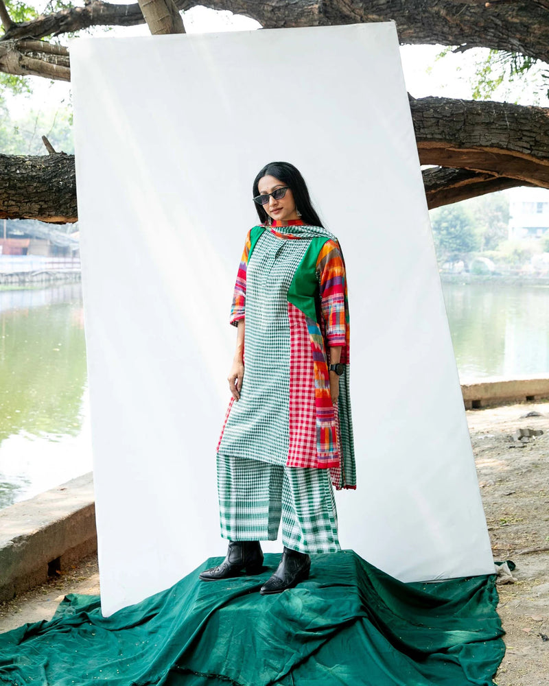 Wildflower Waltz Set gamcha co-ord set by 145 East in green, red, multicolour for women Worldwide