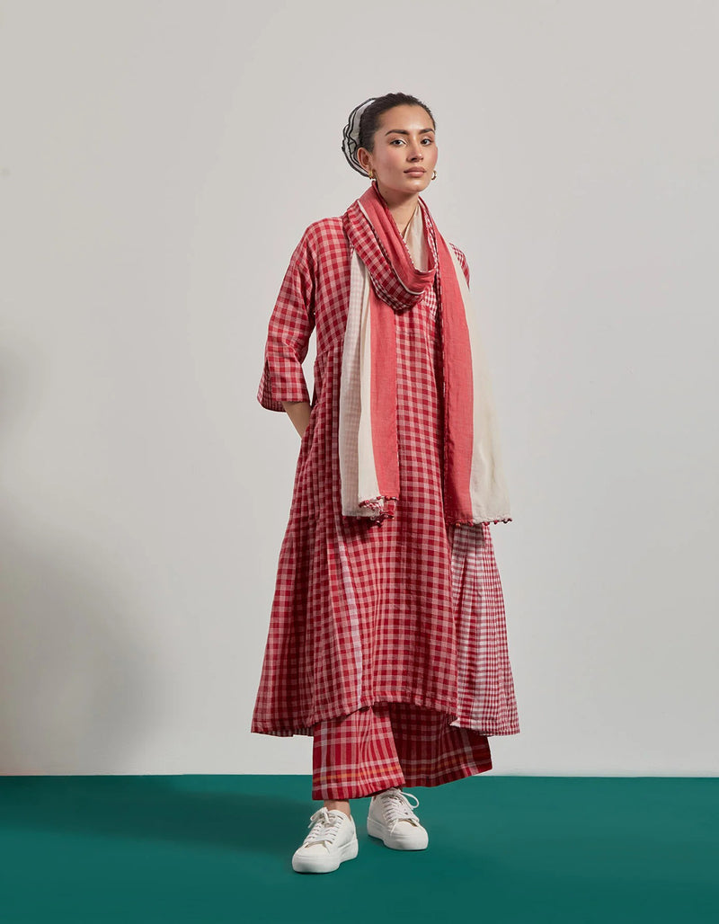 Red Overlap Pleated Set gamcha co-ord set by 145 East in red for women Worldwide