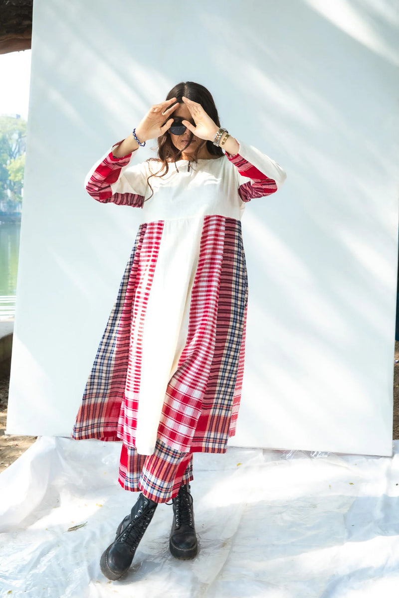 Side Panelled Dress + Palazzo Set (2 Piece Set) cotton,gamcha kurta/kurta set by 145 East in red, white for women Worldwide