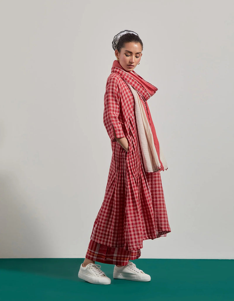 Red Overlap Pleated Set gamcha co-ord set by 145 East in red for women Worldwide