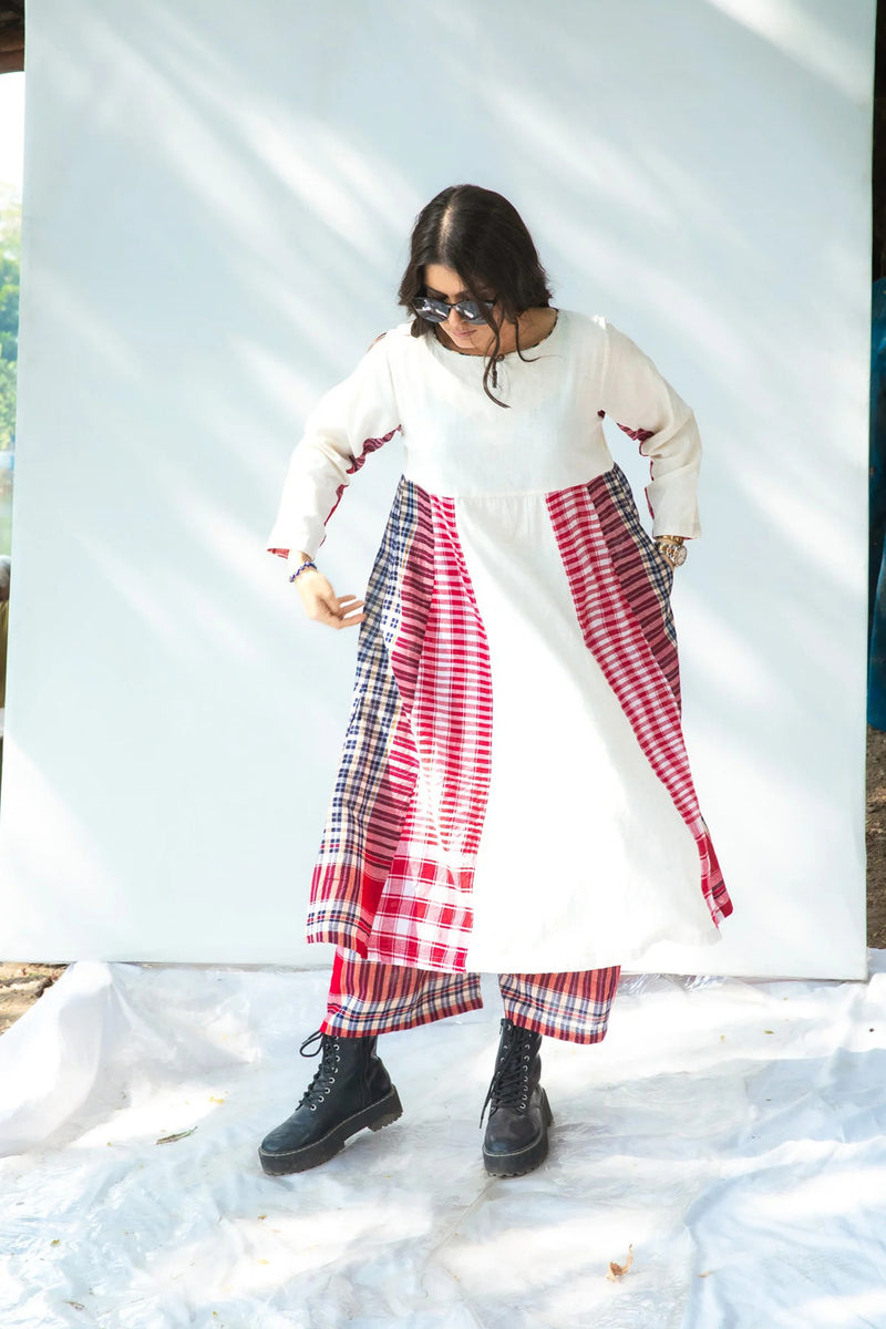 Side Panelled Dress + Palazzo Set (2 Piece Set) cotton,gamcha kurta/kurta set by 145 East in red, white for women Worldwide
